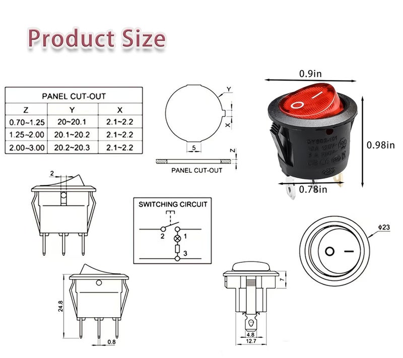 Pymga KCD1-105 20mm Diameter Round Red Rocker Switches 3pin 2position for Treadmills,Lawn Mower,Snow Blower，Coffee Maker .etc - Image 2